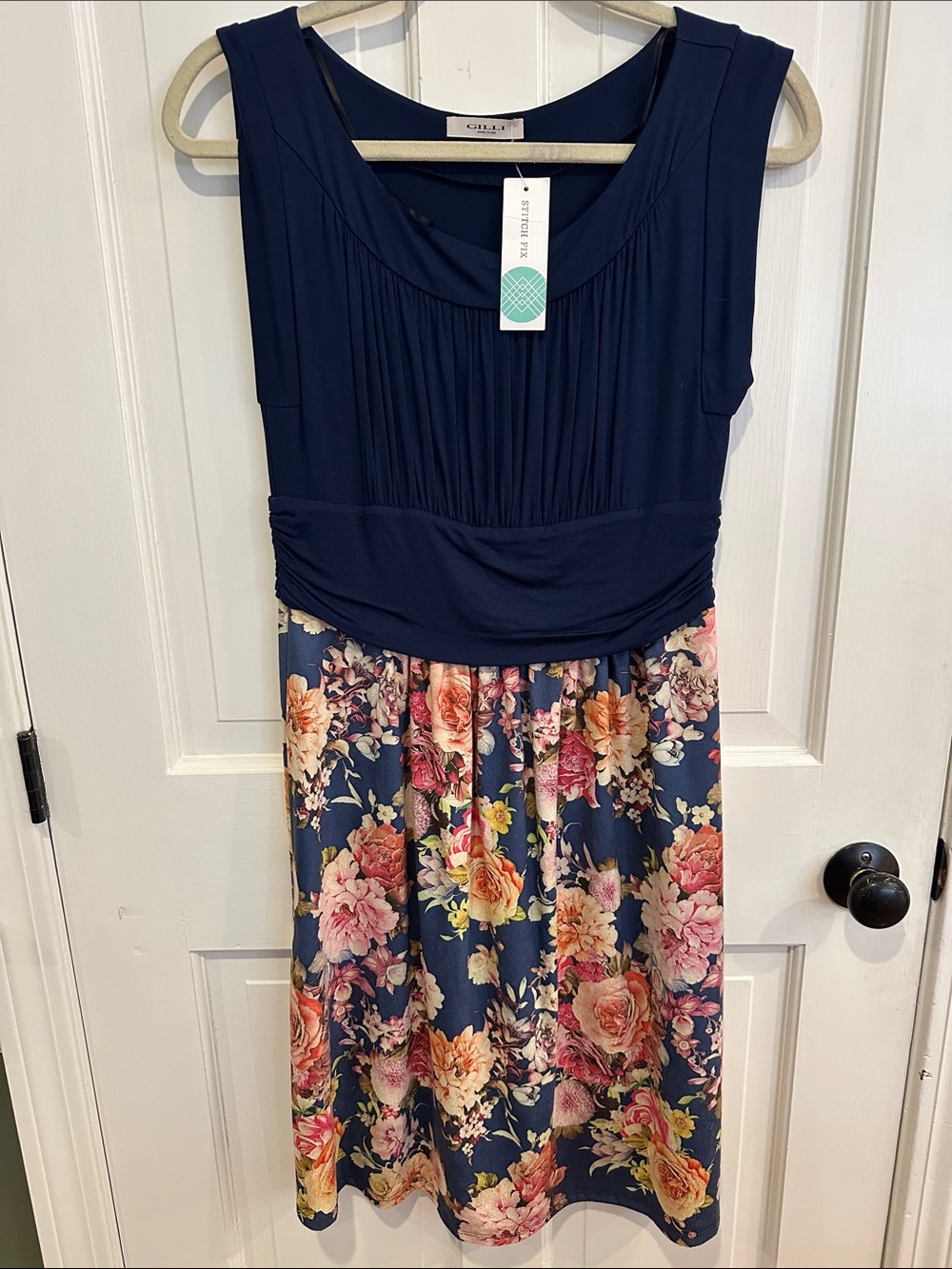 Gilli Navy Sleeveless Dress with Floral Skirt by Stitch Fix
